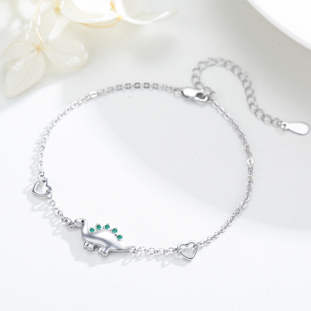Sterling Silver Circular Shaped Cubic Zirconia Dinosaur Charm Bracelet-3