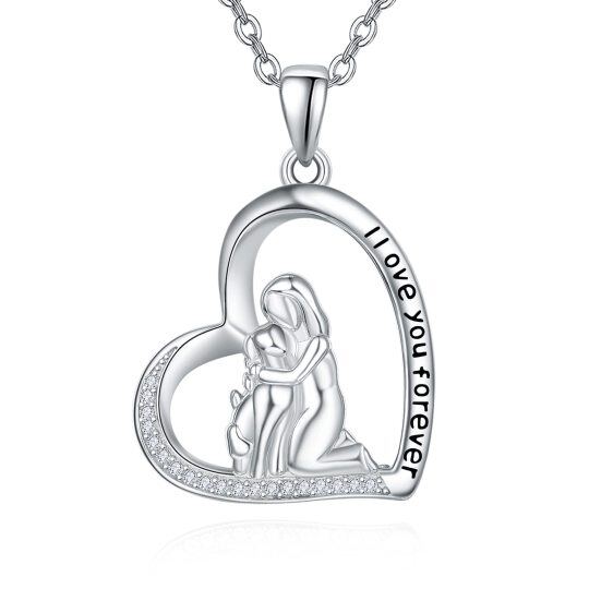 Sterling Silver Circular Shaped Cubic Zirconia Dog Pendant Necklace with Engraved Word