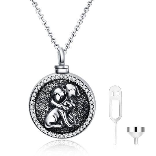 Sterling Silver Circular Shaped Cubic Zirconia Dog Urn Necklace for Ashes