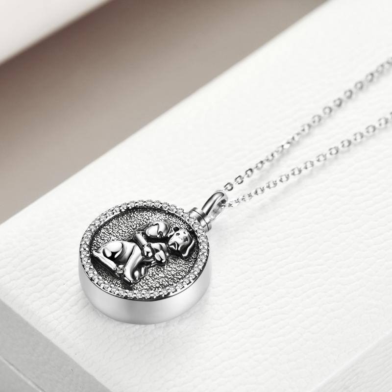 Sterling Silver Circular Shaped Cubic Zirconia Dog Urn Necklace for Ashes-3