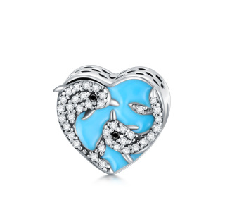 Sterling Silver Circular Shaped Cubic Zirconia Dolphin Bead Charm-55