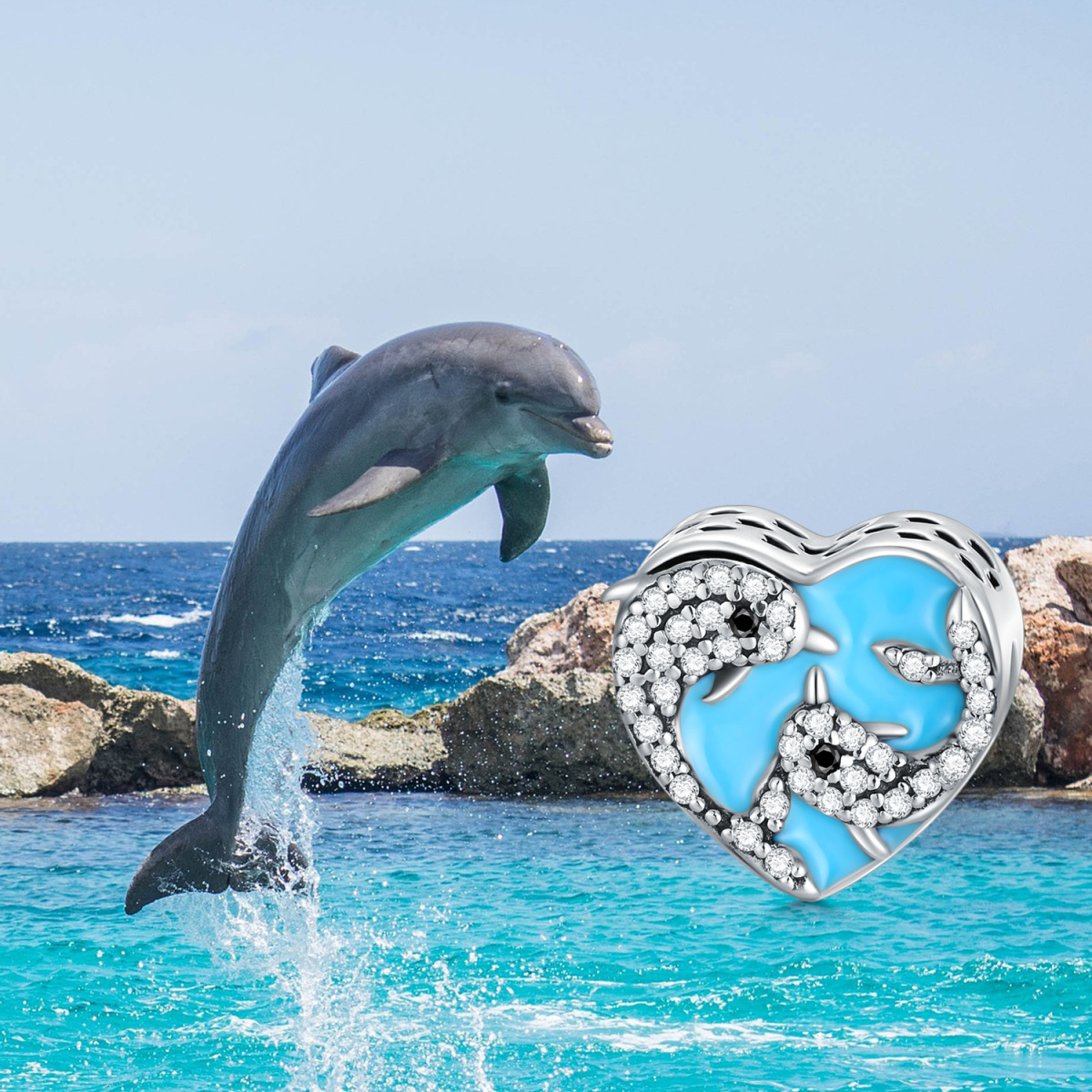 Sterling Silver Circular Shaped Cubic Zirconia Dolphin Bead Charm-5