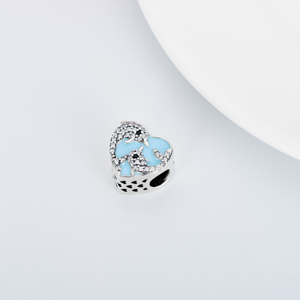 Sterling Silver Circular Shaped Cubic Zirconia Dolphin Bead Charm-7