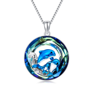 Sterling Silver Circular Shaped Dolphin Crystal Pendant Necklace-16