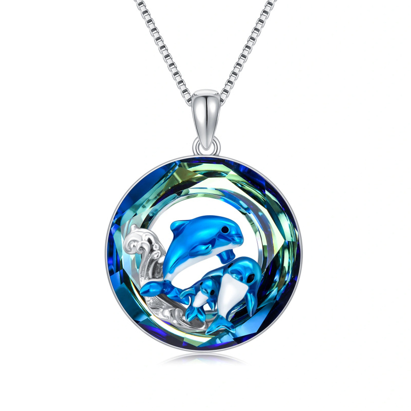 Sterling Silver Circular Shaped Dolphin Crystal Pendant Necklace-3