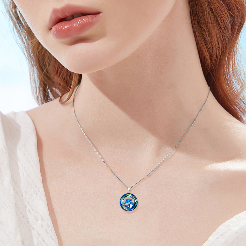 Sterling Silver Circular Shaped Dolphin Crystal Pendant Necklace-2