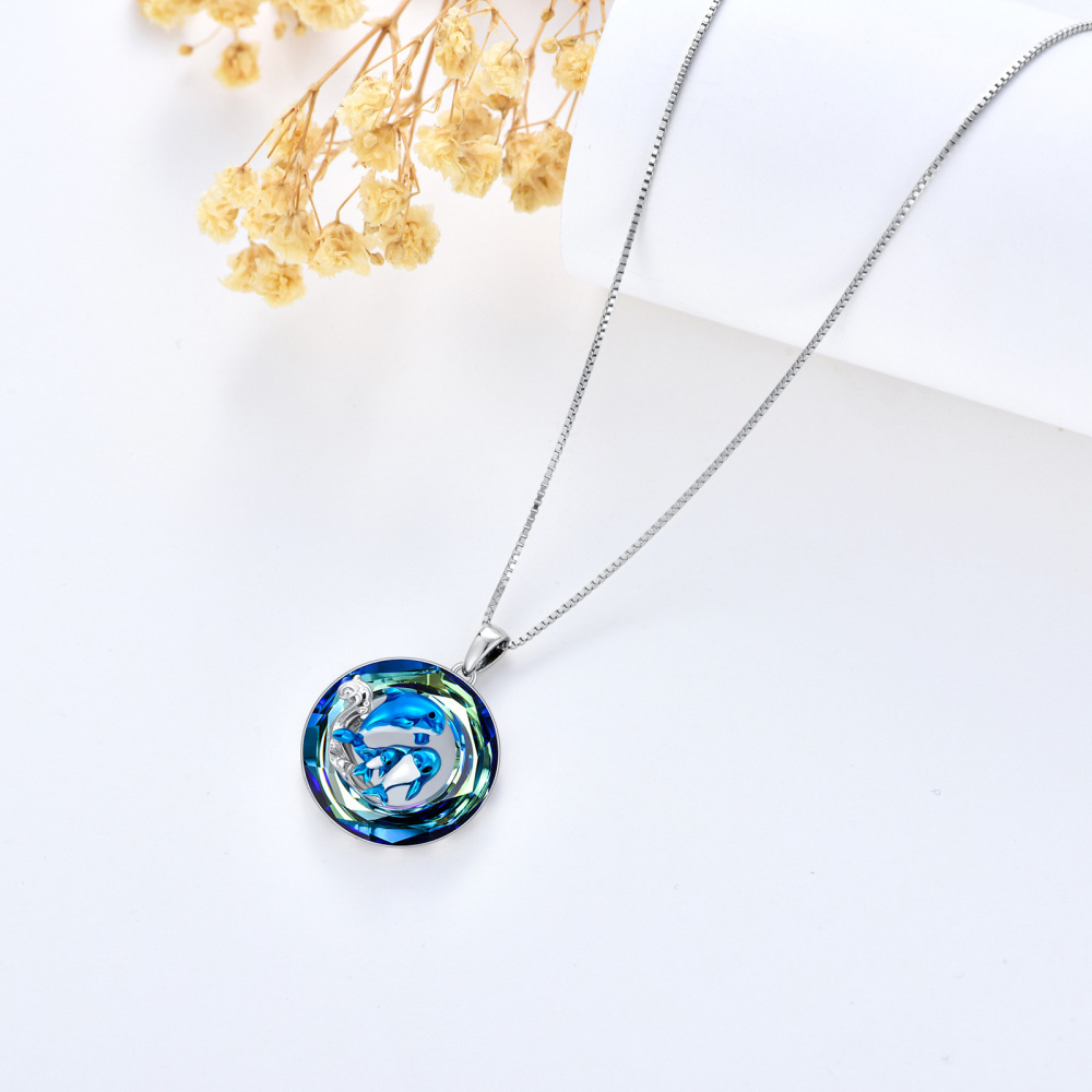 Sterling Silver Circular Shaped Dolphin Crystal Pendant Necklace-4