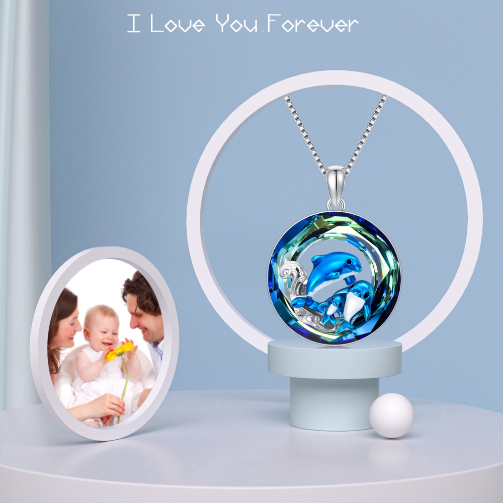 Sterling Silver Circular Shaped Dolphin Crystal Pendant Necklace-5