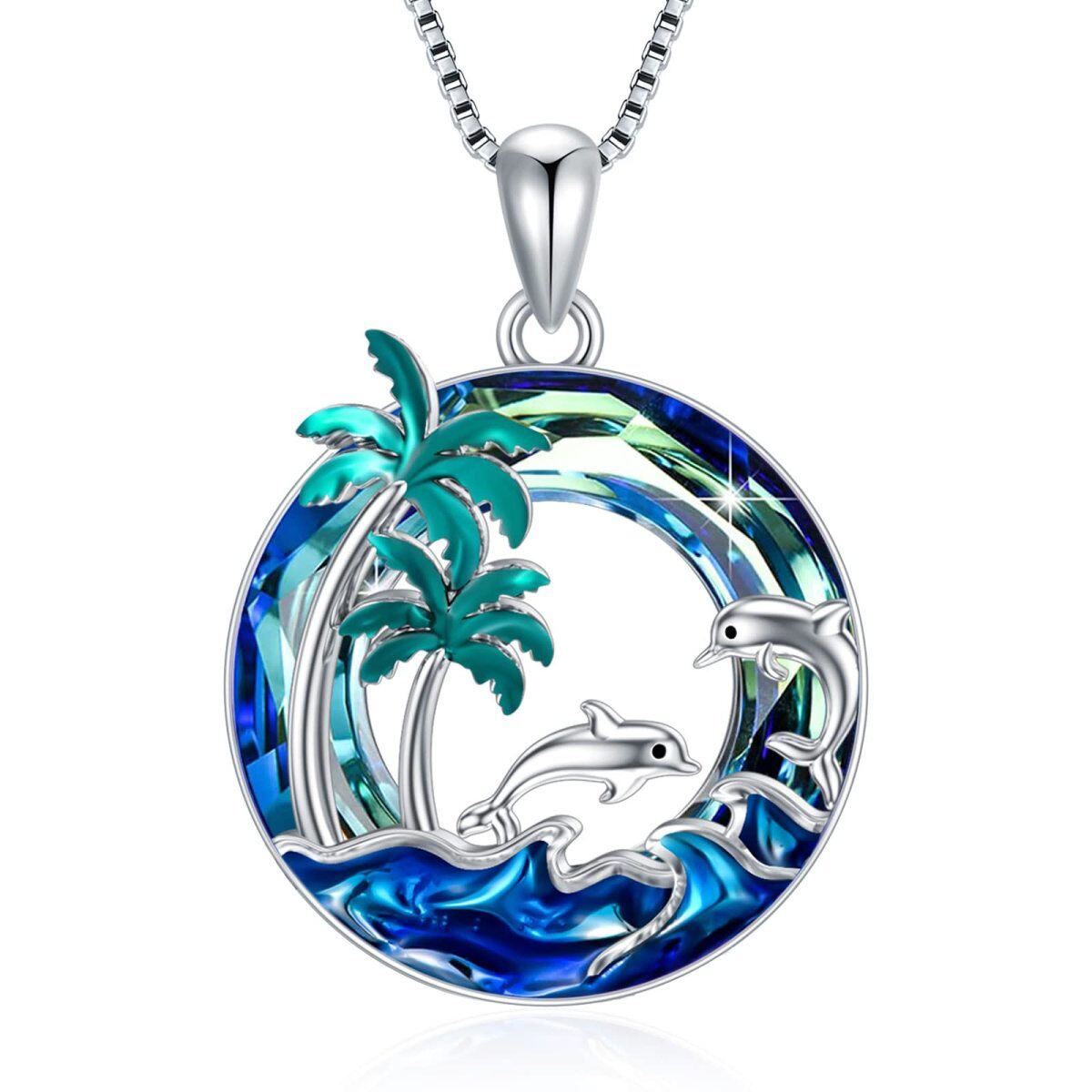 Sterling Silver Circular Crystal Palm Tree With Spray & Dolphin Pendant Necklace For Women-1