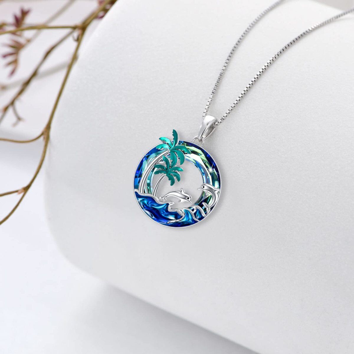 Sterling Silver Circular Crystal Palm Tree With Spray & Dolphin Pendant Necklace For Women-3