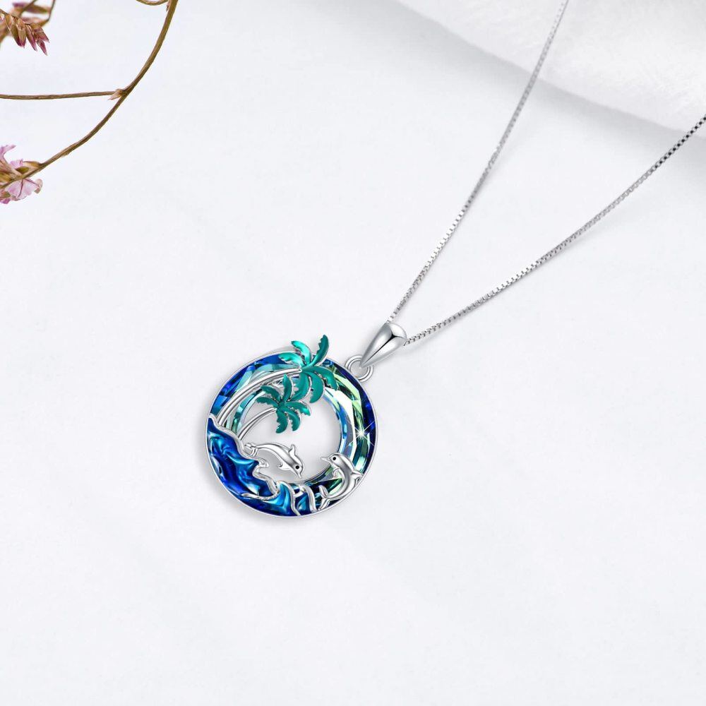 Sterling Silver Circular Crystal Palm Tree With Spray & Dolphin Pendant Necklace For Women-4