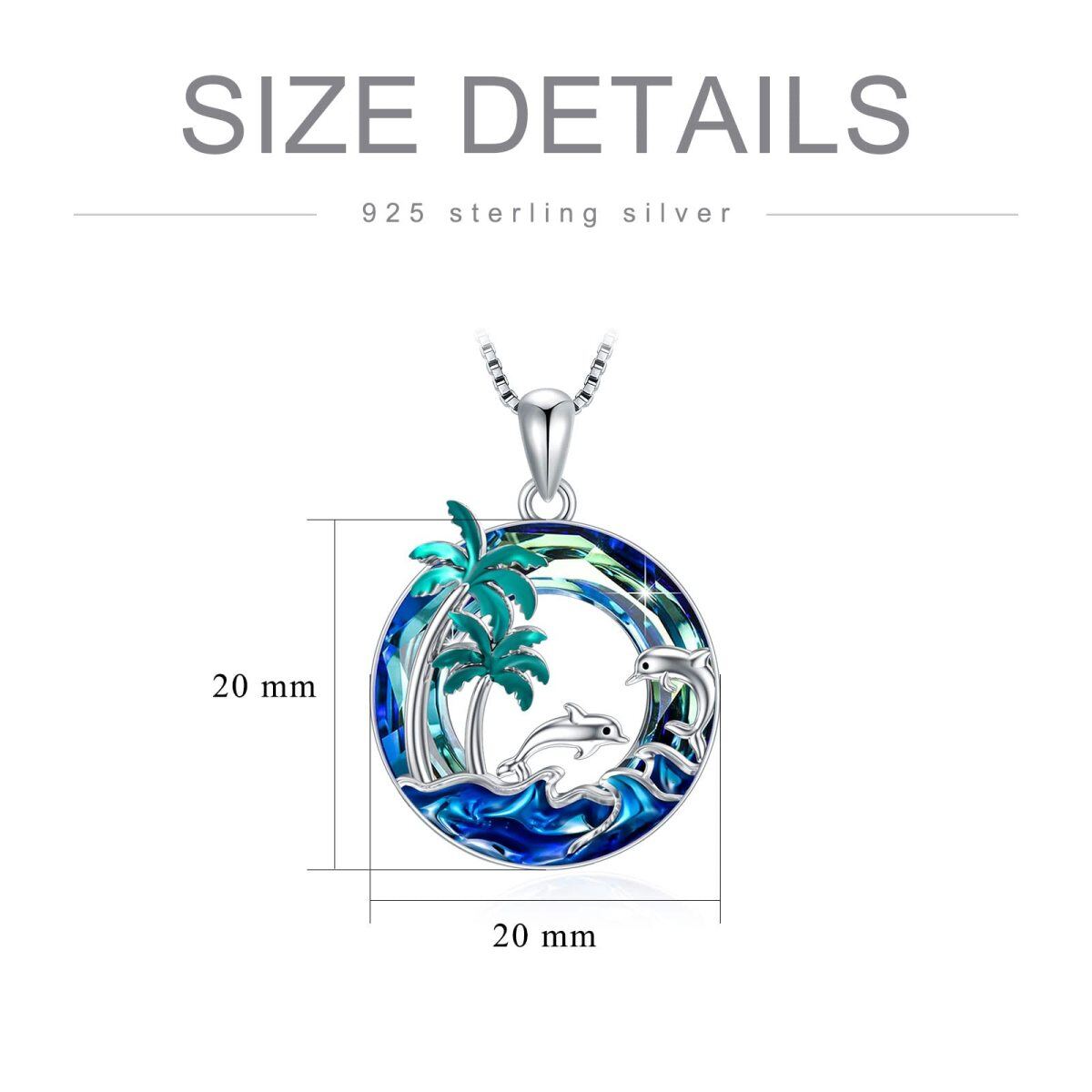 Sterling Silver Circular Crystal Palm Tree With Spray & Dolphin Pendant Necklace For Women-5