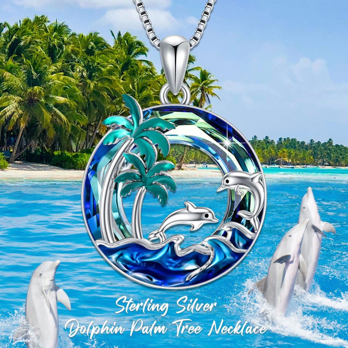 Sterling Silver Circular Crystal Palm Tree With Spray & Dolphin Pendant Necklace For Women-6