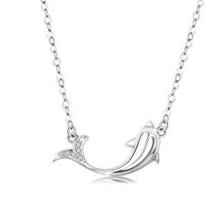 Sterling Silver Circular Shaped Cubic Zirconia Dolphin Pendant Necklace-42