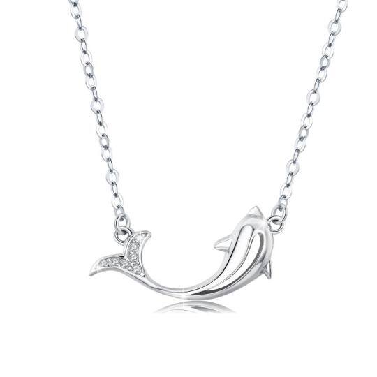 Sterling Silver Circular Shaped Cubic Zirconia Dolphin Pendant Necklace