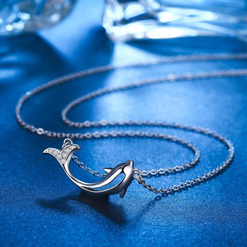 Sterling Silver Circular Shaped Cubic Zirconia Dolphin Pendant Necklace-4