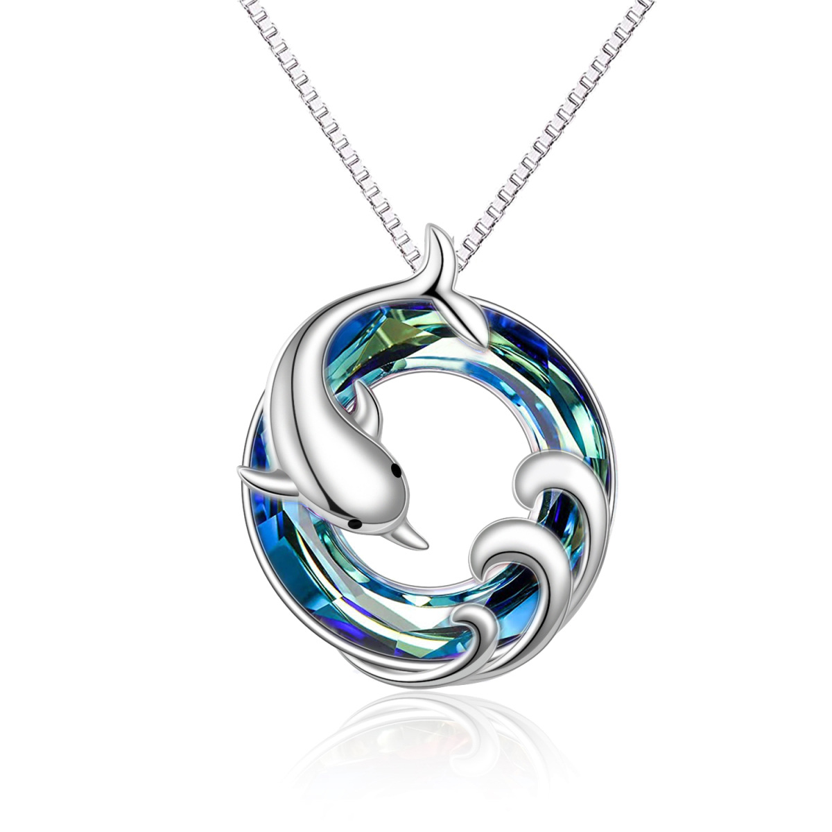 Sterling Silver Circular Shaped Dolphin & Spray Blue Crystal Pendant Necklace-1