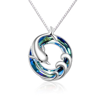 Sterling Silver Circular Shaped Dolphin & Spray Blue Crystal Pendant Necklace-50