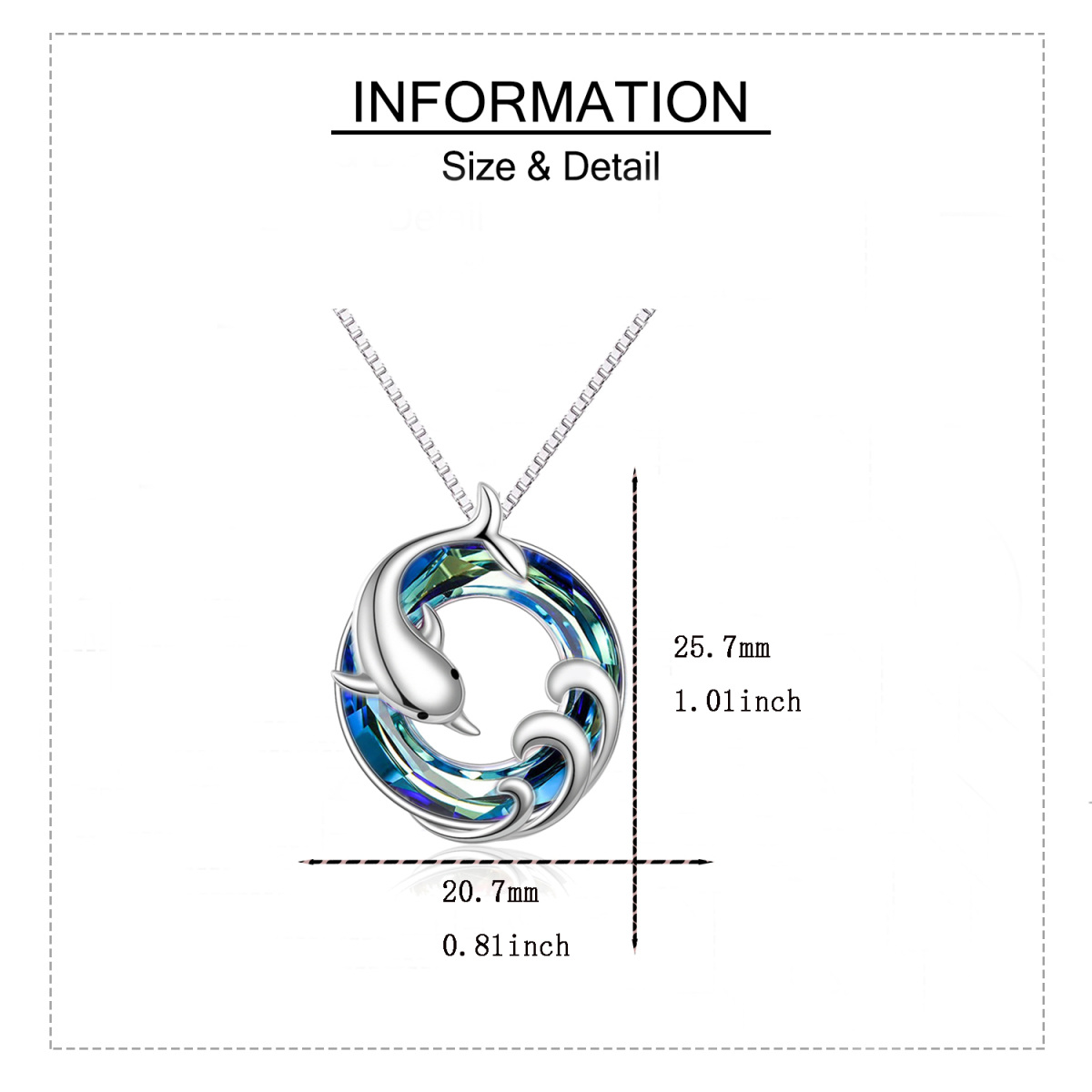 Sterling Silver Circular Shaped Dolphin & Spray Blue Crystal Pendant Necklace-3