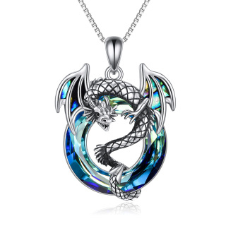 Sterling Silver Circular Shaped Dragon Crystal Pendant Necklace-14