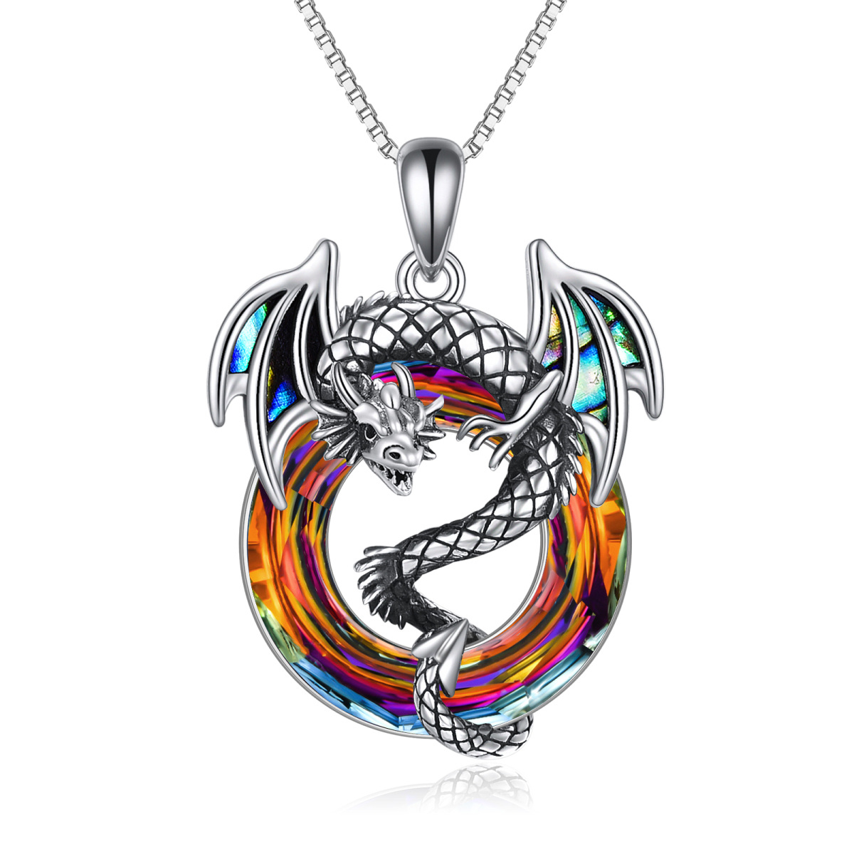 Sterling Silver Circular Shaped Dragon Crystal Pendant Necklace-1