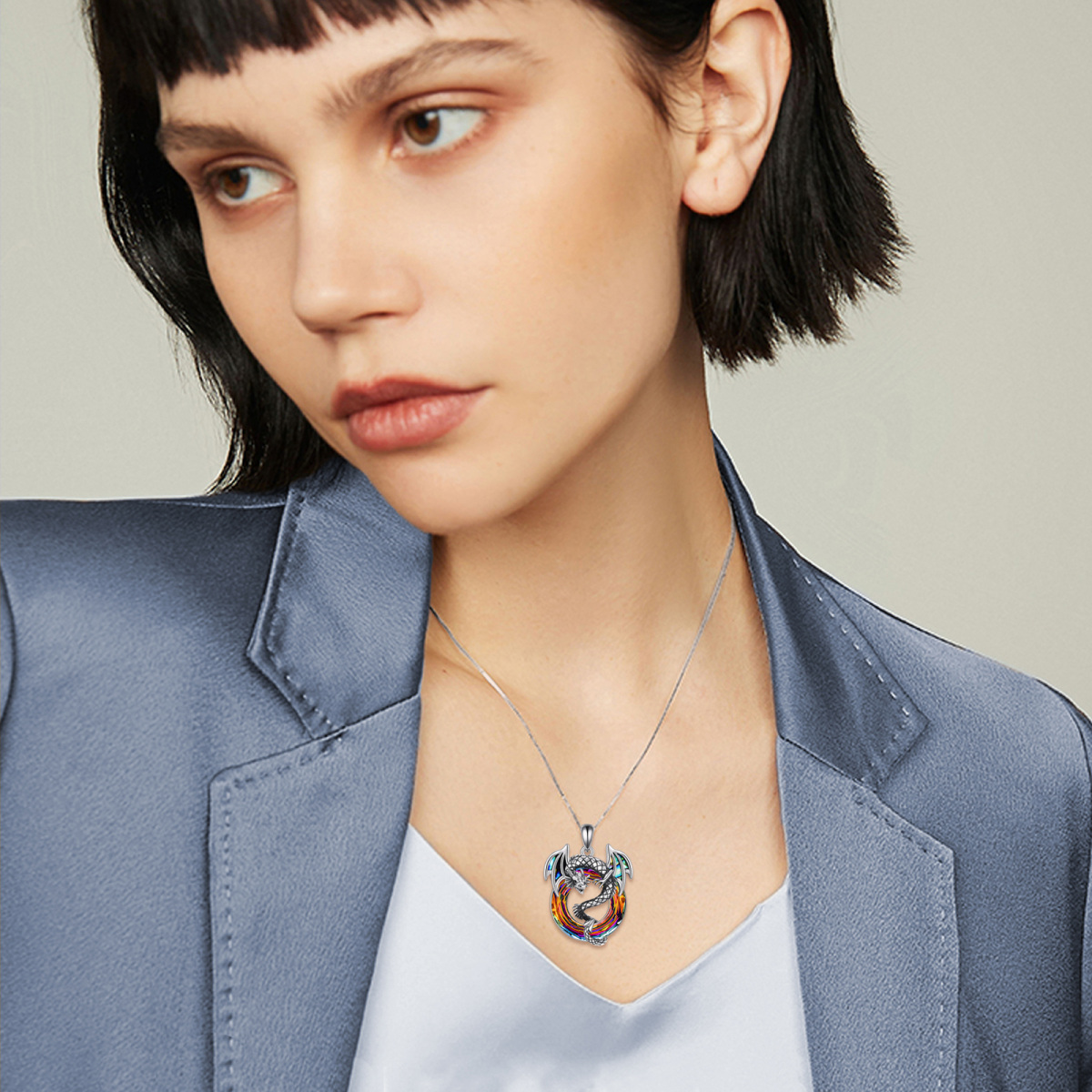 Sterling Silver Circular Shaped Dragon Crystal Pendant Necklace-2