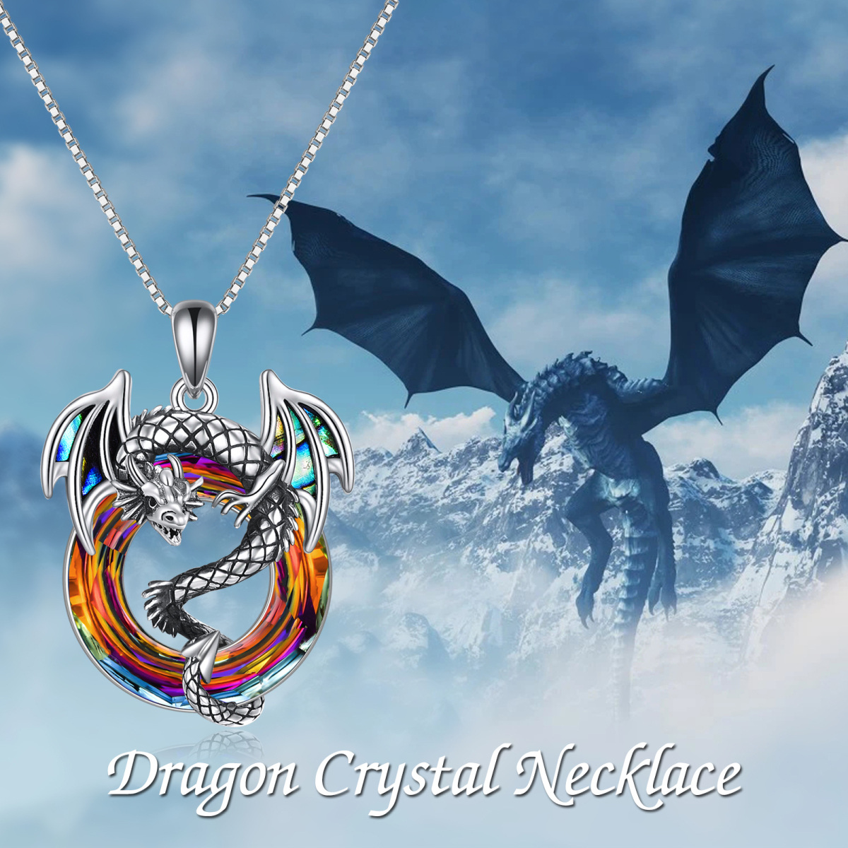 Sterling Silver Circular Shaped Dragon Crystal Pendant Necklace-3