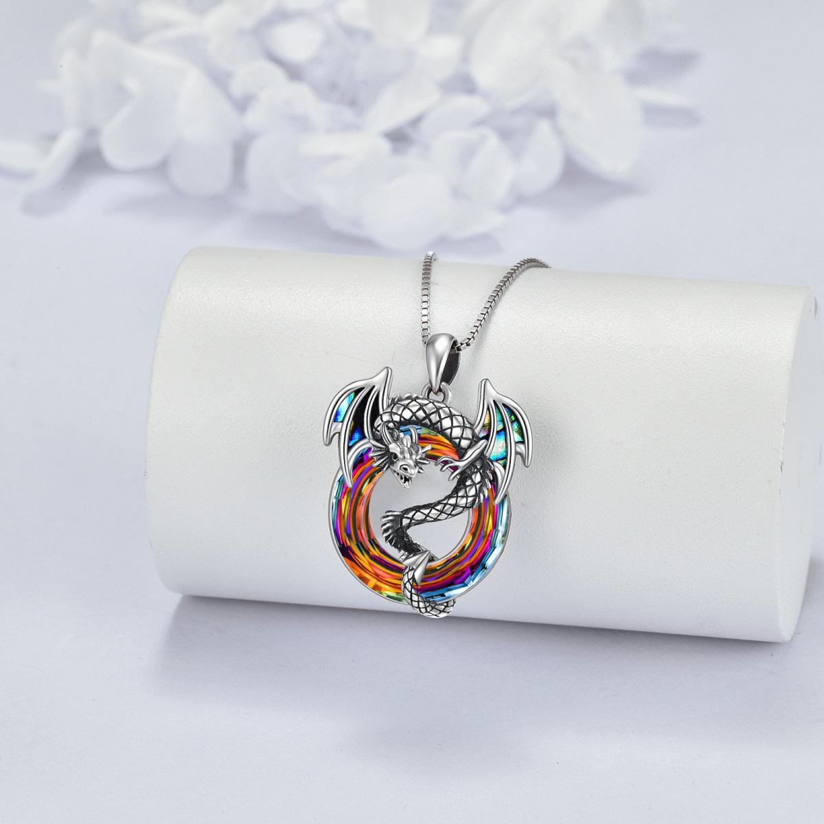 Sterling Silver Circular Shaped Dragon Crystal Pendant Necklace-4