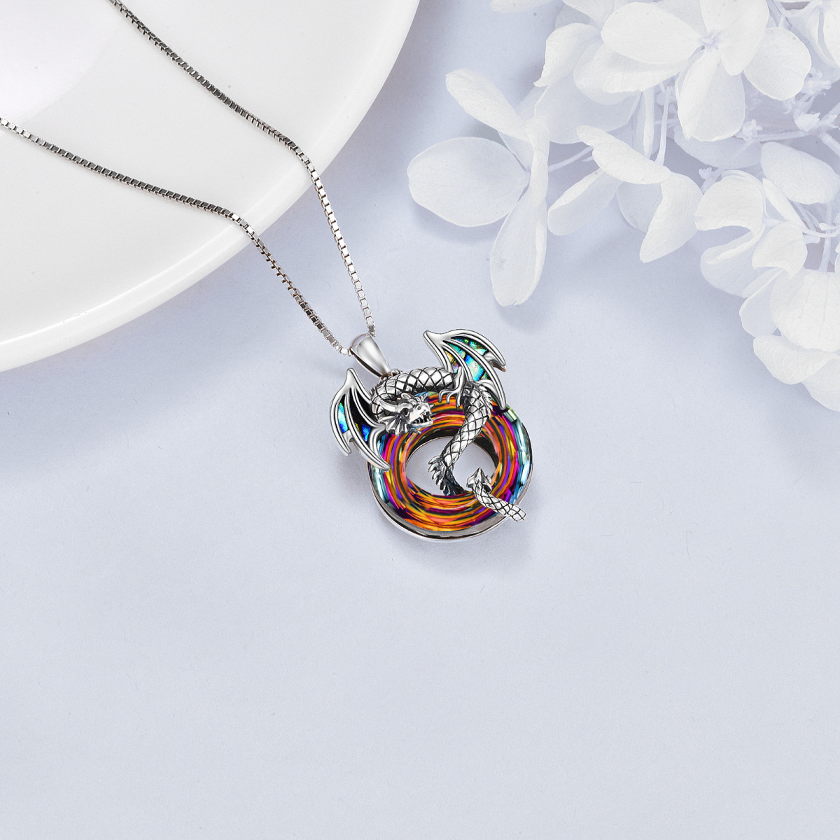 Sterling Silver Circular Shaped Dragon Crystal Pendant Necklace-5