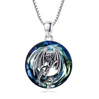 Sterling Silver Circular Shaped Dragon Crystal Pendant Necklace-4