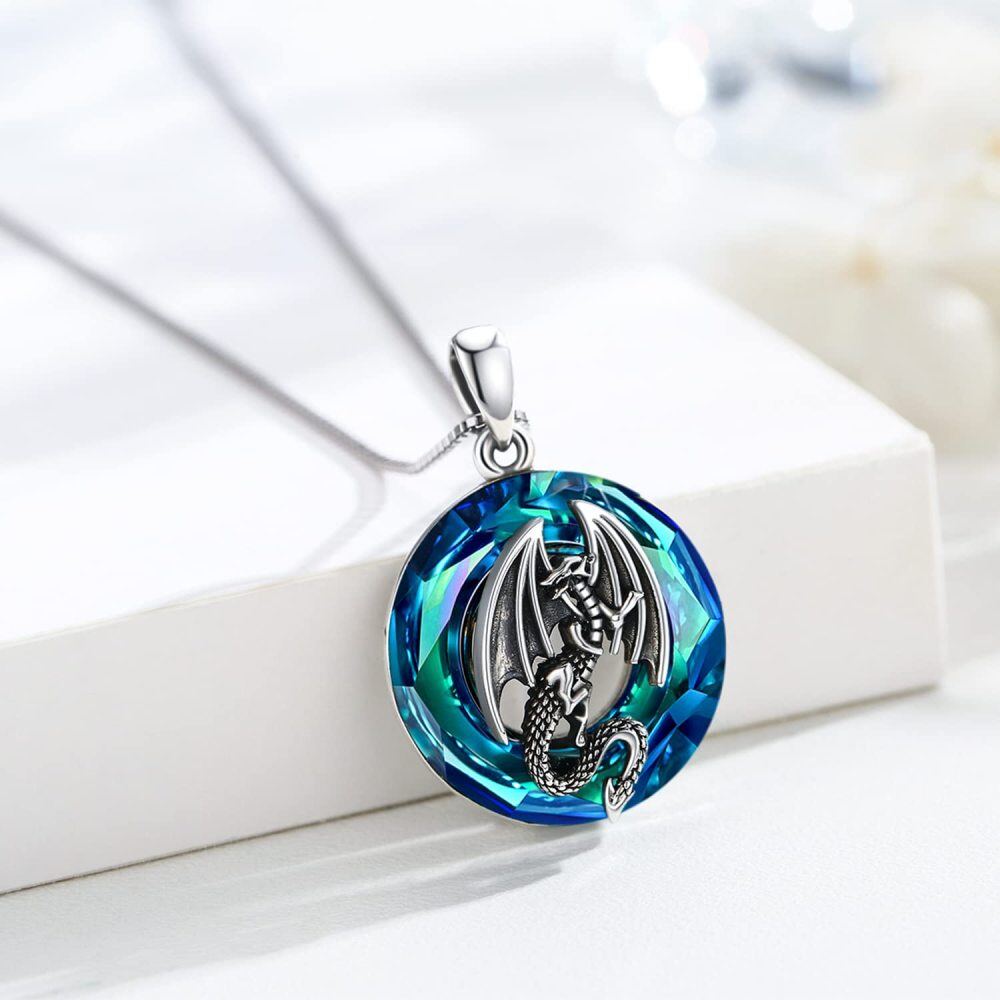 Sterling Silver Circular Shaped Dragon Crystal Pendant Necklace-4