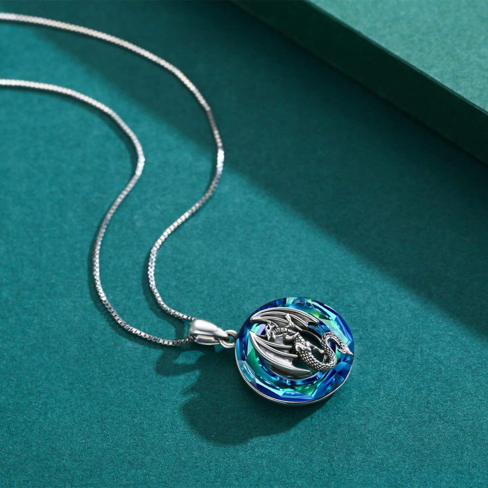 Sterling Silver Circular Shaped Dragon Crystal Pendant Necklace-5