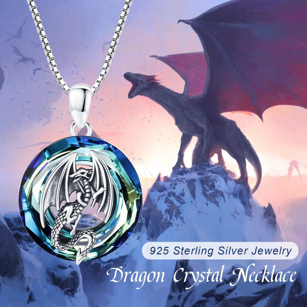 Sterling Silver Circular Shaped Dragon Crystal Pendant Necklace-6