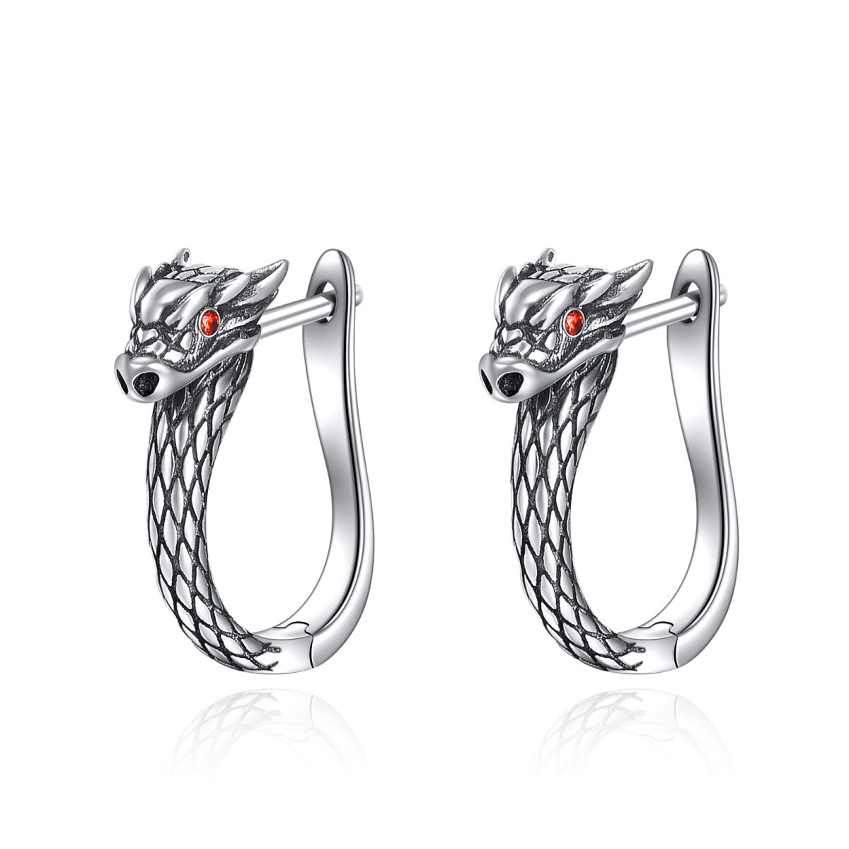 Sterling Silver Circular Shaped Cubic Zirconia Dragon Hoop Earrings-1