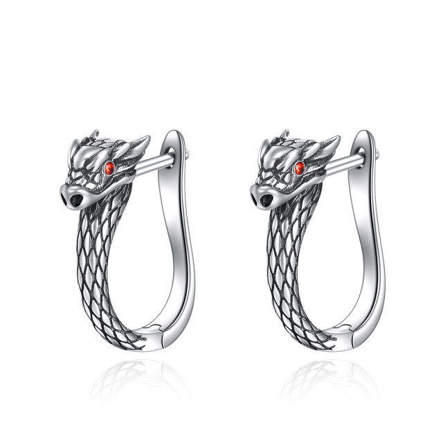 Sterling Silver Circular Shaped Cubic Zirconia Dragon Hoop Earrings-2