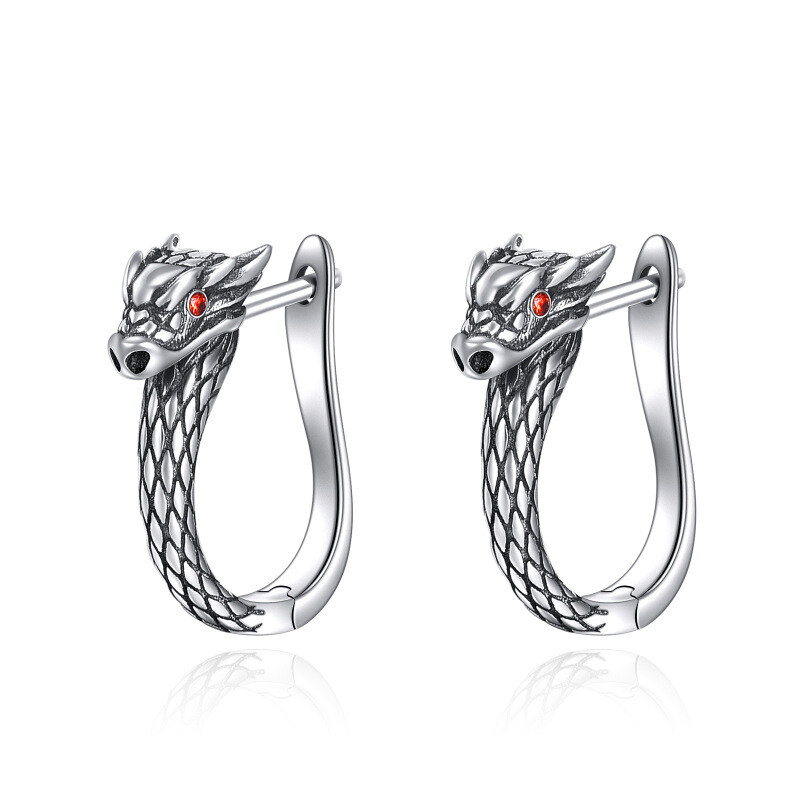 Sterling Silver Circular Shaped Cubic Zirconia Dragon Hoop Earrings