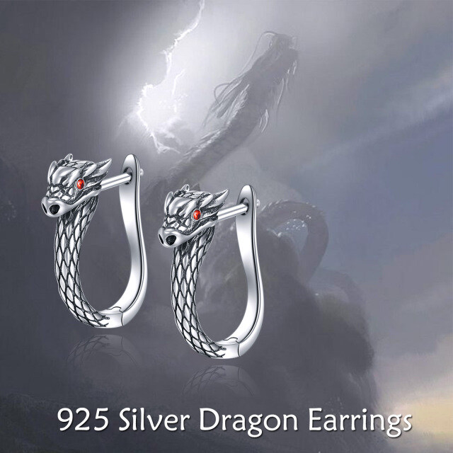 Sterling Silver Circular Shaped Cubic Zirconia Dragon Hoop Earrings-6