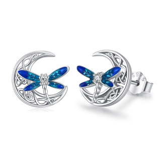 Sterling Silver Circular Cubic Zirconia Dragonfly & Celtic Knot With Moon Stud Earrings For Women-37