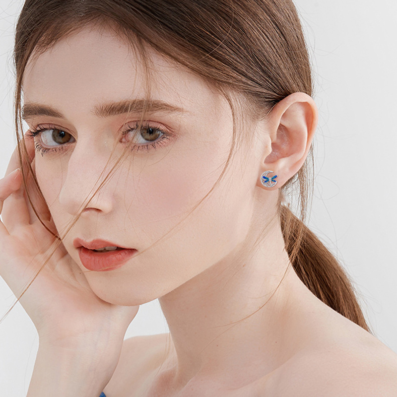 Sterling Silver Circular Cubic Zirconia Dragonfly & Celtic Knot With Moon Stud Earrings For Women-2