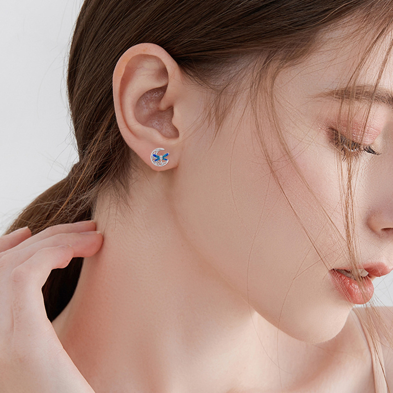 Sterling Silver Circular Cubic Zirconia Dragonfly & Celtic Knot With Moon Stud Earrings For Women-3