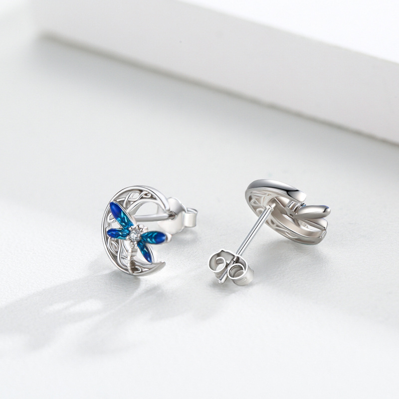 Sterling Silver Circular Cubic Zirconia Dragonfly & Celtic Knot With Moon Stud Earrings For Women-5