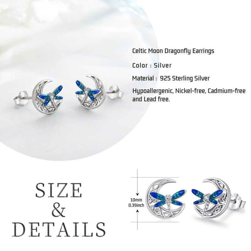 Sterling Silver Circular Cubic Zirconia Dragonfly & Celtic Knot With Moon Stud Earrings For Women-6