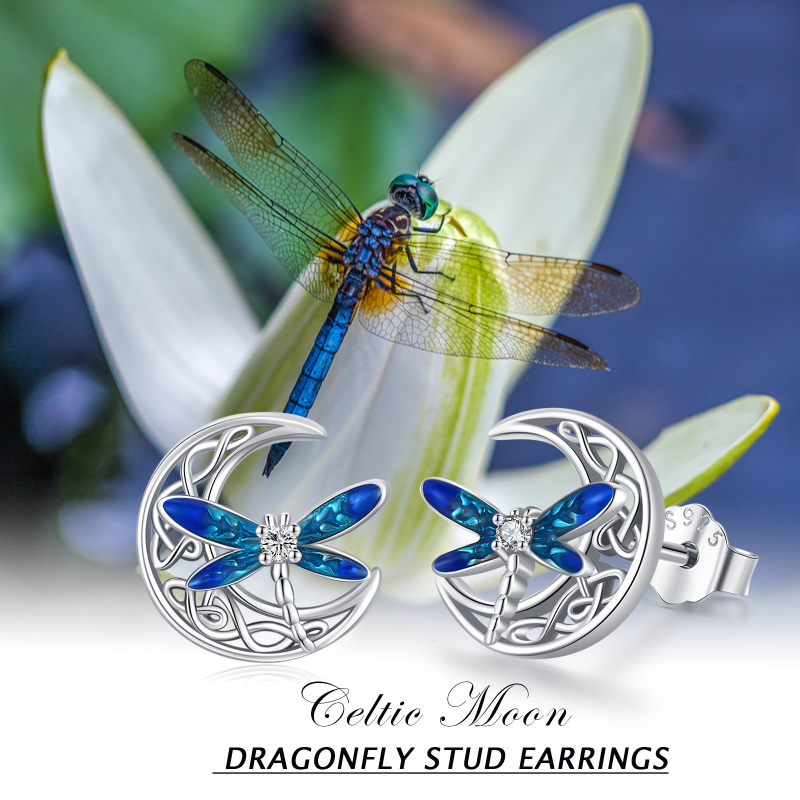 Sterling Silver Circular Cubic Zirconia Dragonfly & Celtic Knot With Moon Stud Earrings For Women-7