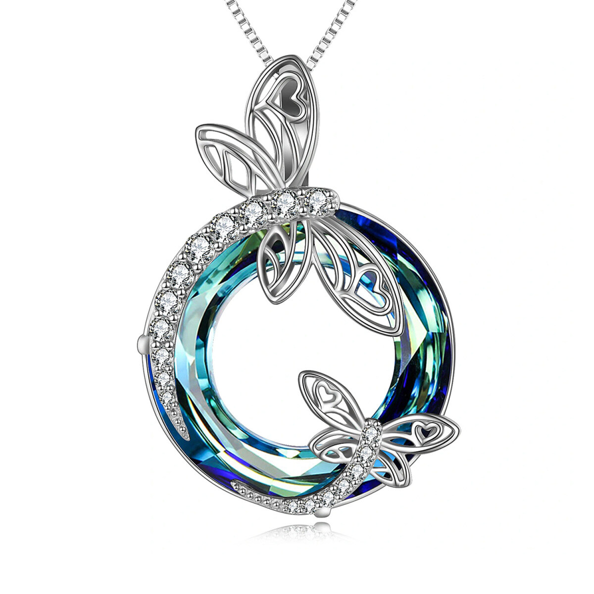 Sterling Silver Circular Shaped Dragonfly Crystal Pendant Necklace-1