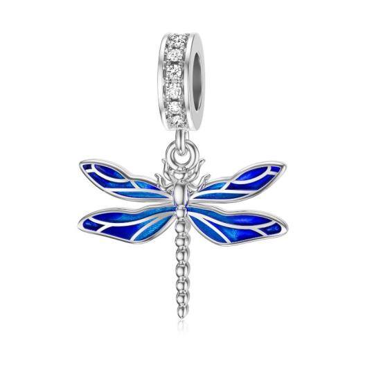 Sterling Silver Circular Shaped Cubic Zirconia Dragonfly Dangle Charm