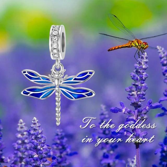 Sterling Silver Circular Shaped Cubic Zirconia Dragonfly Dangle Charm-7