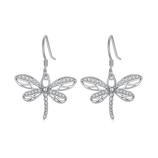 Sterling Silver Circular Shaped Cubic Zirconia Dragonfly Drop Earrings-57