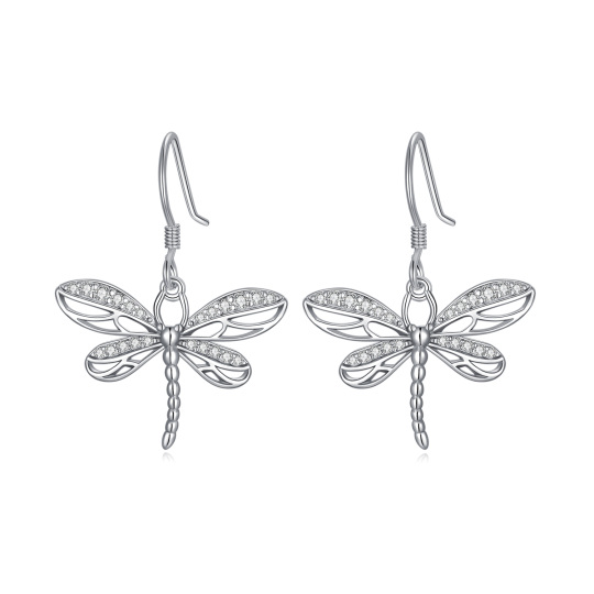 Sterling Silver Circular Shaped Cubic Zirconia Dragonfly Drop Earrings