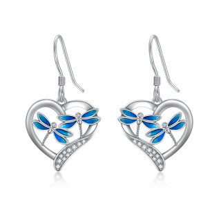 Sterling Silver Circular Shaped Cubic Zirconia Dragonfly & Heart Drop Earrings-2