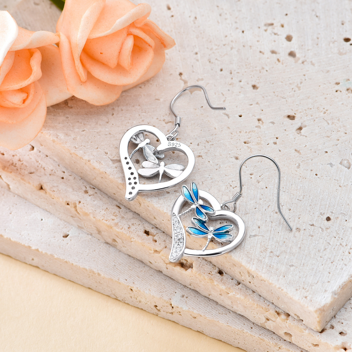 Boucles d'oreilles pendantes en argent sterling avec libellule et coeur en zircon cubique-3